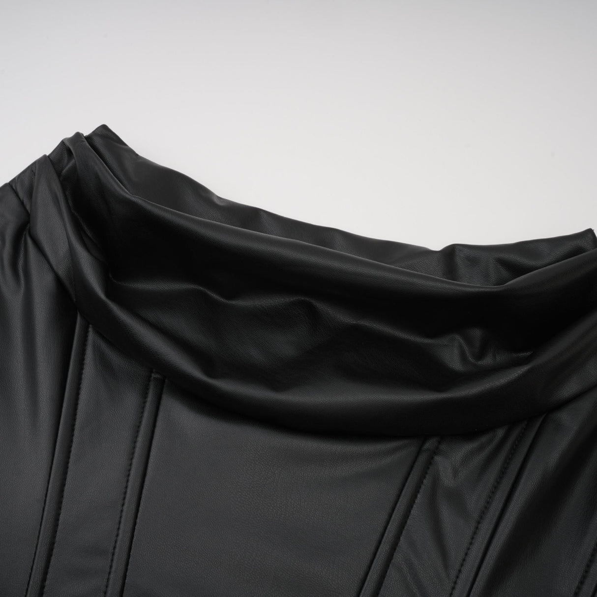 Aurohaya Agnes Black Ruched Leather Bodycon Mini Dress