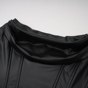 Aurohaya Agnes Black Ruched Leather Bodycon Mini Dress