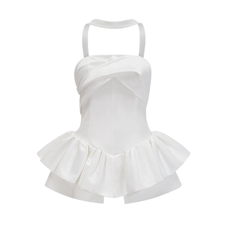 Aurohaya Aurélie white halterneck ruffled mini dress