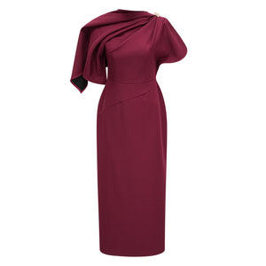 Aurohaya Wren Burgundy Asymmetrical Cape Maxi Dress