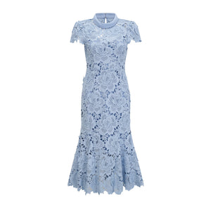 Aurohaya Aurore Blue Floral Appliqué Lace Midi Dress