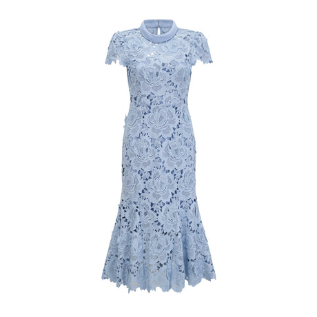Aurohaya Aurore Blue Floral Appliqué Lace Midi Dress