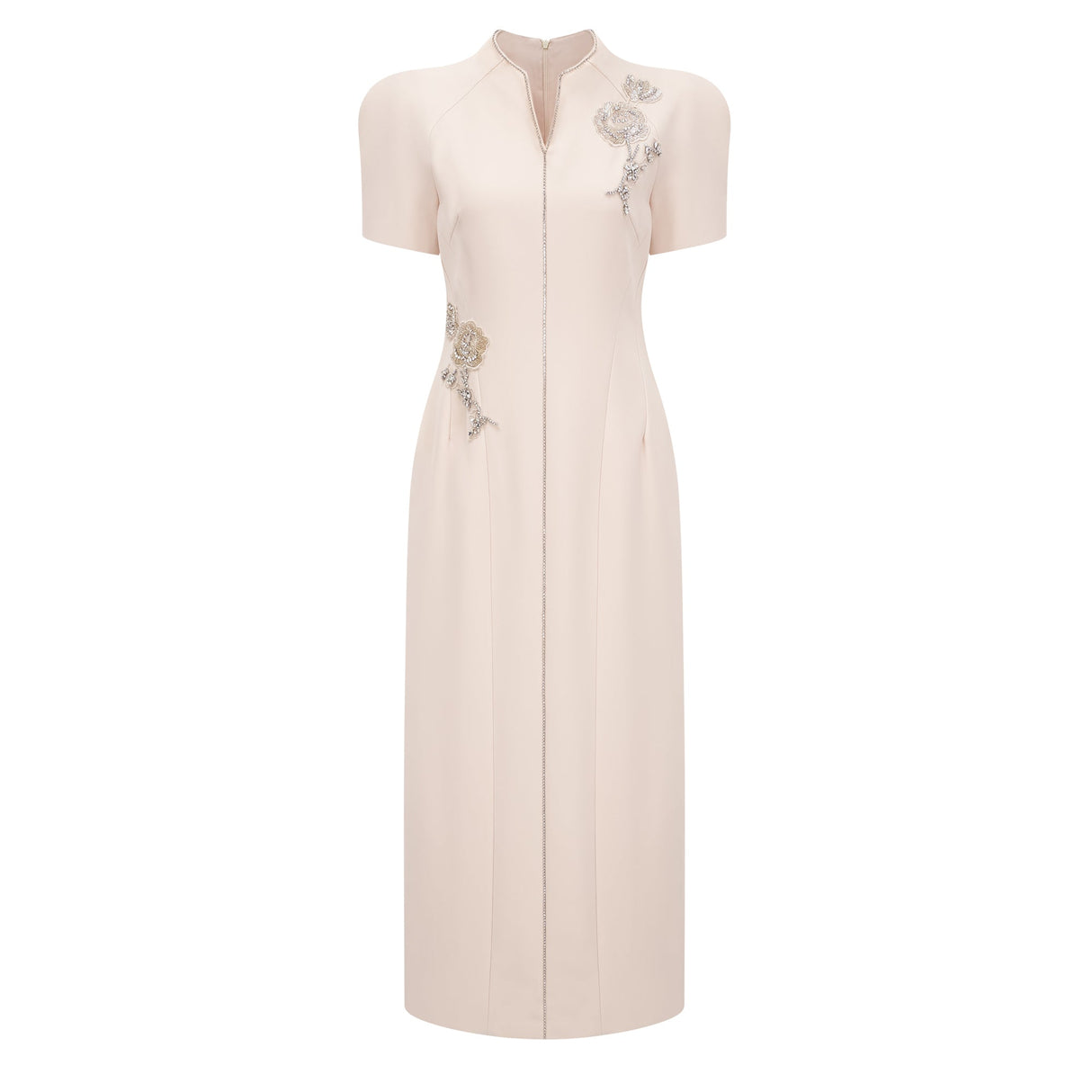 Aurohaya Quintella Neutral Floral Crystal Midi Dress