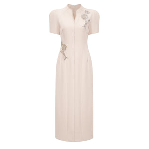 Aurohaya Quintella Neutral Floral Crystal Midi Dress