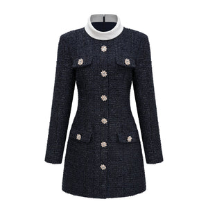 Aurohaya Fiona Navy Blue Embellished Tweed Mini Dress
