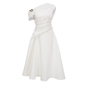 Aurohaya Blossom White One Shoulder Ruched Midi Dress