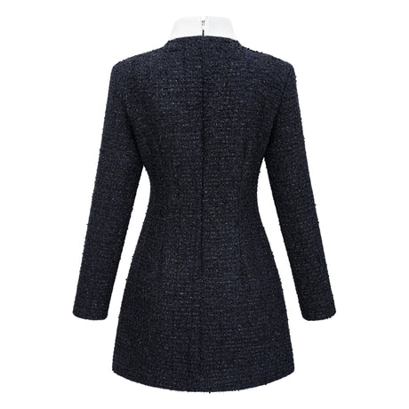 Aurohaya Fiona Navy Blue Embellished Tweed Mini Dress
