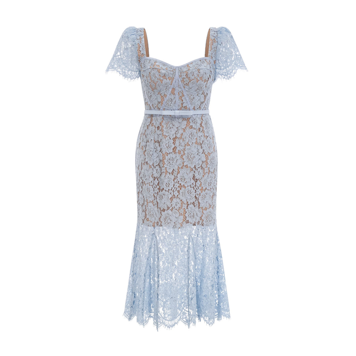 Aurohaya Audrey blue floral-lace boned midi dress