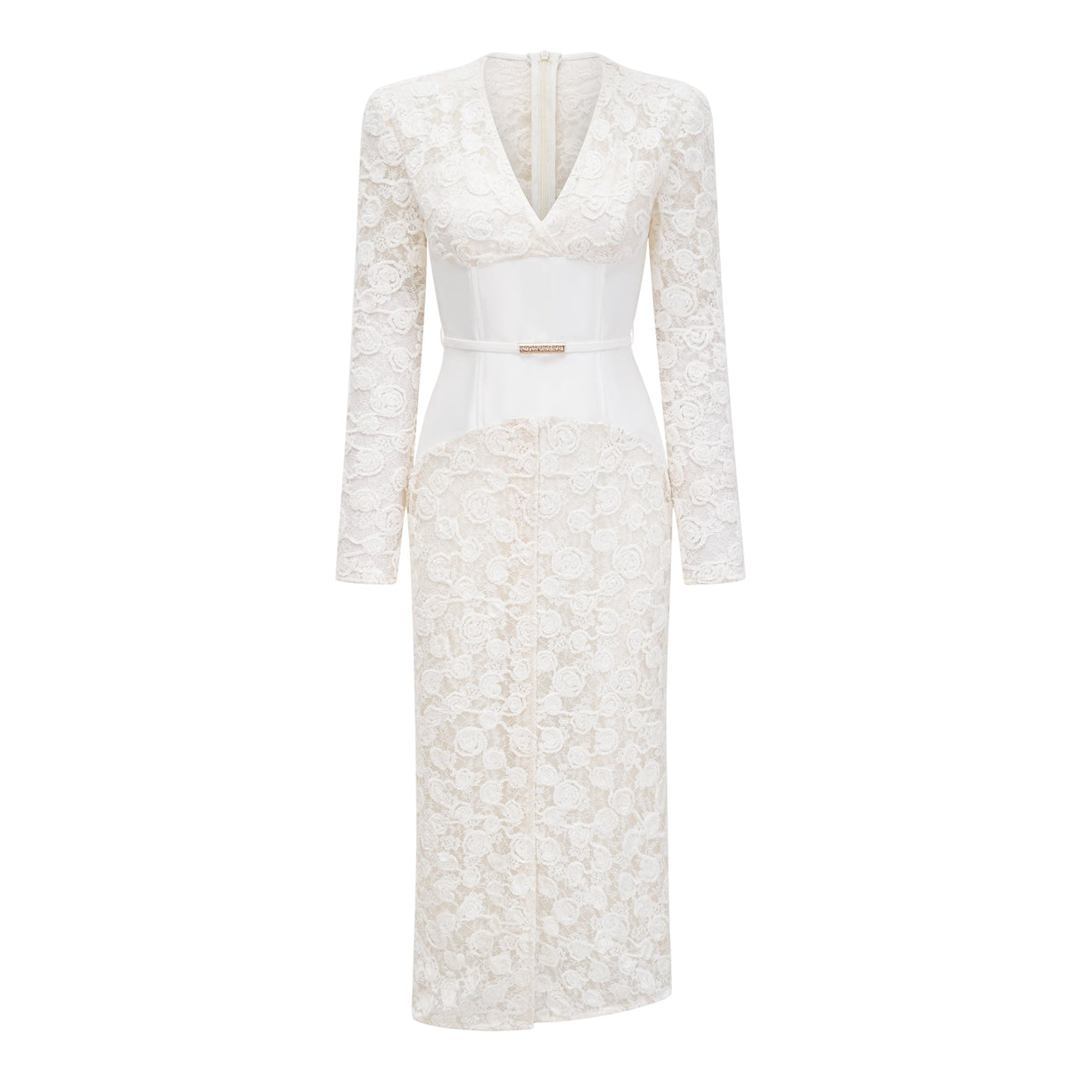 Aurohaya Oona White Floral Lace Pencil Midi Dress