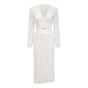 Aurohaya Oona White Floral Lace Pencil Midi Dress