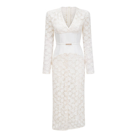 Aurohaya Oona White Floral Lace Pencil Midi Dress