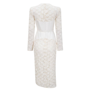 Aurohaya Oona White Floral Lace Pencil Midi Dress