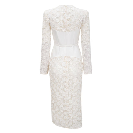 Aurohaya Oona White Floral Lace Pencil Midi Dress