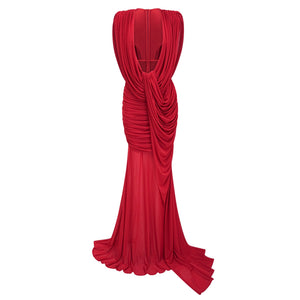 Aurohaya Fíona Red Asymmetrical Draped Maxi Gown