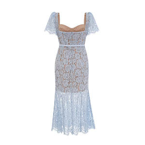 Aurohaya Audrey blue floral-lace boned midi dress