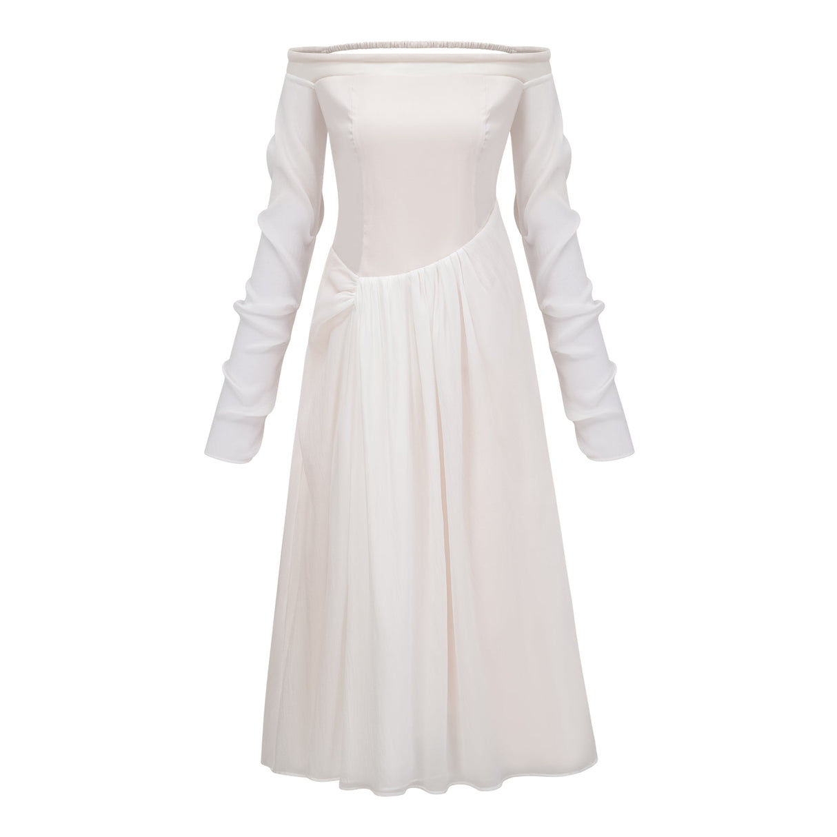 Aurohaya Gelsomina White Gathered Crepe Midi Dress
