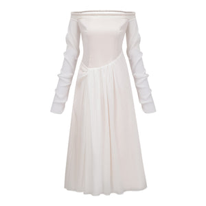 Aurohaya Gelsomina White Gathered Crepe Midi Dress