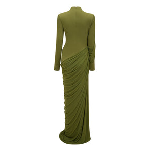 Aurohaya Arlette Green Asymmetrical Ruched Maxi Dress