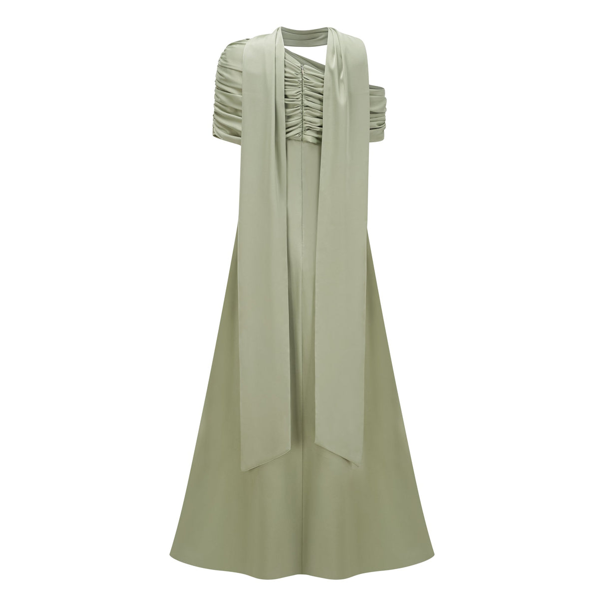 Aurohaya Benedetta Green One Shoulder Satin Maxi Dress