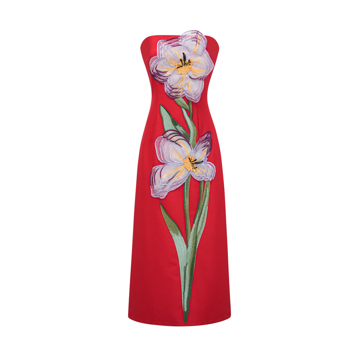 Aurohaya Irène Sequin Embroidered Off-Shoulder Midi Dress in Red