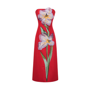 Aurohaya Irène Sequin Embroidered Off-Shoulder Midi Dress in Red