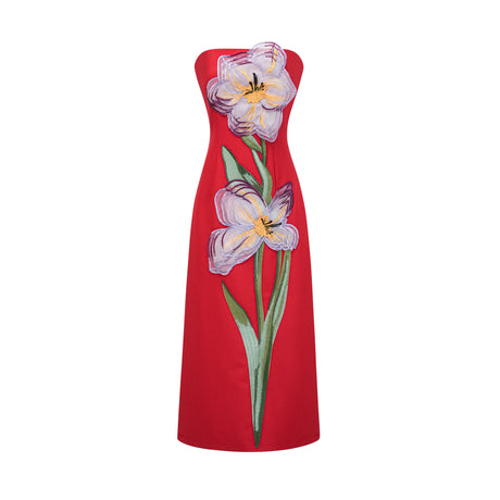Aurohaya Irène Sequin Embroidered Off-Shoulder Midi Dress in Red