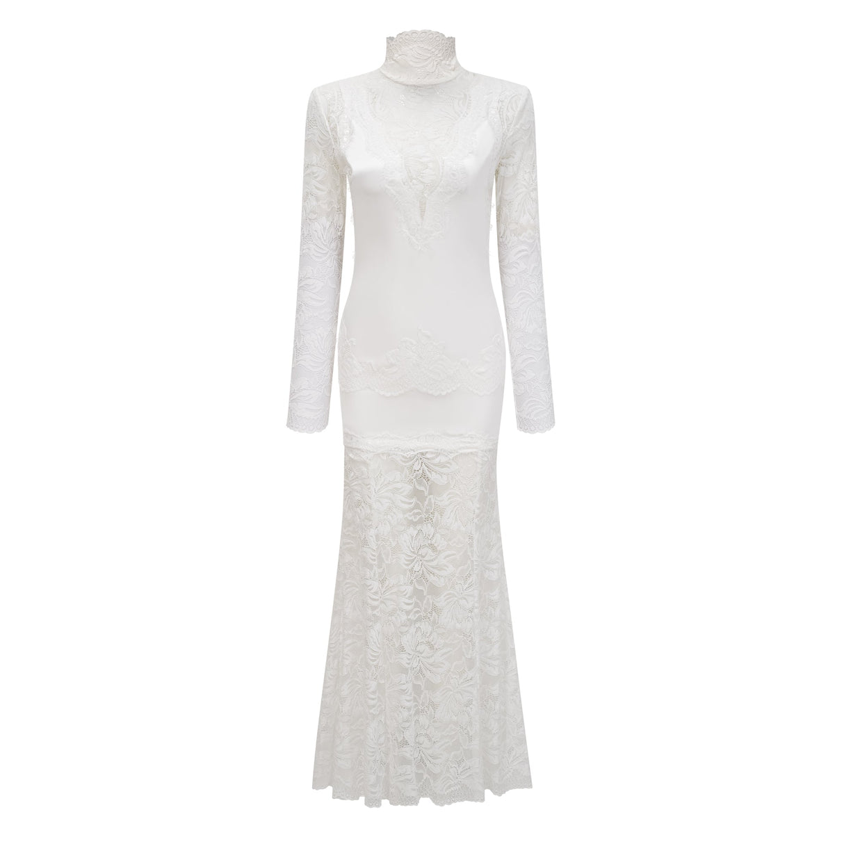 Aurohaya Airelle White Satin Panel Lace Maxi Dress