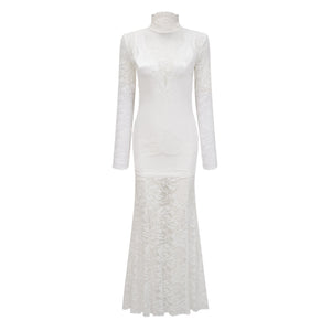 Aurohaya Airelle White Satin Panel Lace Maxi Dress