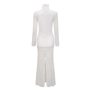 Aurohaya Airelle White Satin Panel Lace Maxi Dress