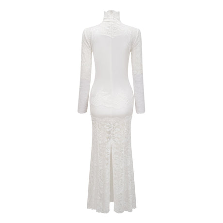 Aurohaya Airelle White Satin Panel Lace Maxi Dress