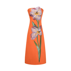 Aurohaya Irène Sequin Embroidered Off-Shoulder Midi Dress in Orange