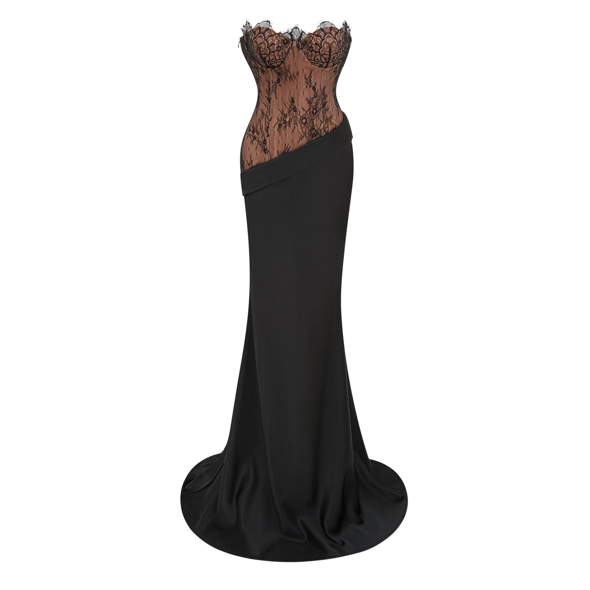 Aurohaya Mirela Black Lace Panel Satin Maxi Dress