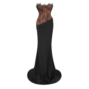 Aurohaya Mirela Black Lace Panel Satin Maxi Dress