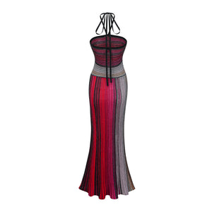 Aurohaya Ulysse Red Metallic Knit Halterneck Maxi Dress