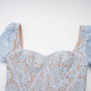 Aurohaya Audrey blue floral-lace boned midi dress