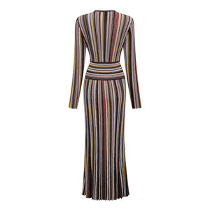 Aurohaya Phoebe Brown Vertical Stripe Knit Midi Dress