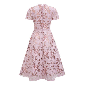 Aurohaya Vérane pink guipure-lace midi dress