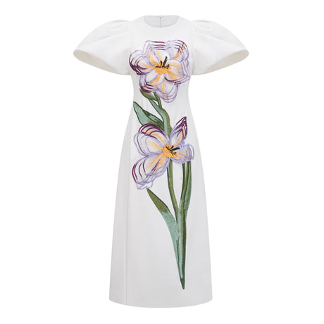Aurohaya Irène White Sequin Floral Embroidered Midi Dress