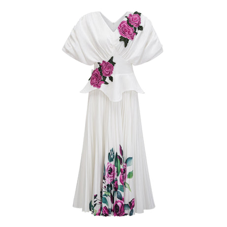 Aurohaya Pétale White Rose Appliqué Maxi Dress