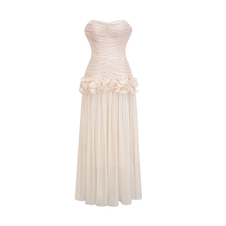 Aurohaya Céleste neutrals ruffled pleated maxi dress