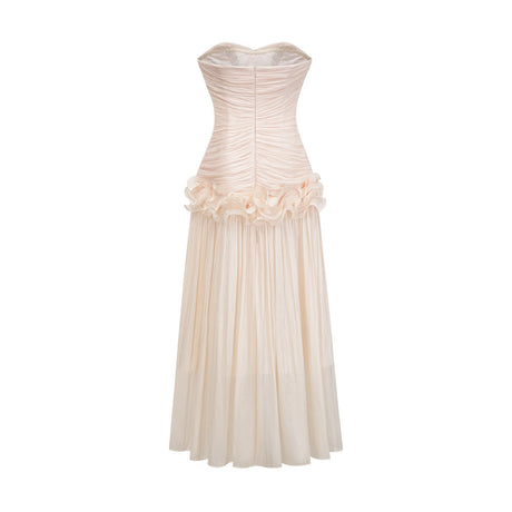 Aurohaya Céleste neutrals ruffled pleated maxi dress