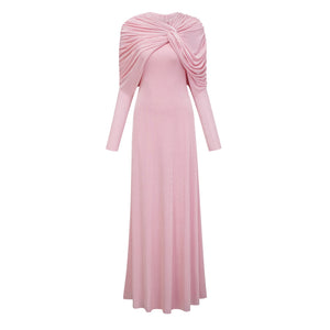 Aurohaya Moderne Pink Shawl Panel Ruched Maxi Dress