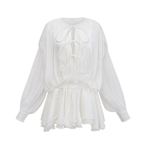 Aurohaya Mahault white pleated glitter-effect mini dress