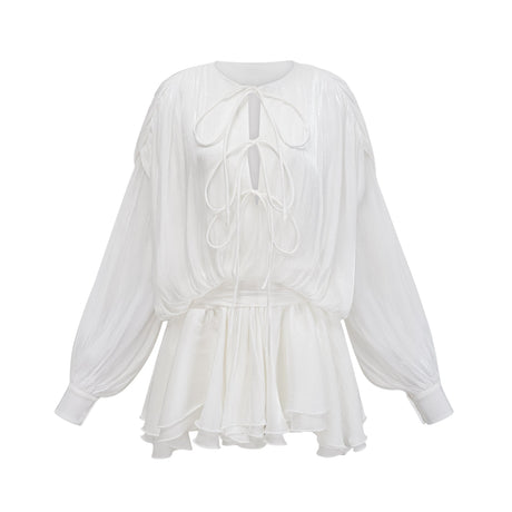Aurohaya Mahault white pleated glitter-effect mini dress