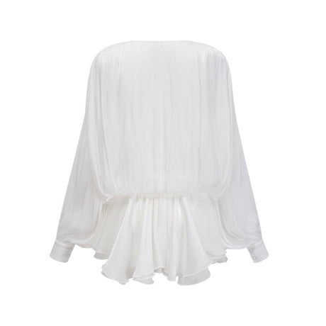 Aurohaya Mahault white pleated glitter-effect mini dress