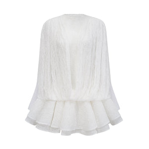 Aurohaya Isoline white semi-sheer lace top & shorts & dress matching set