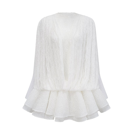 Aurohaya Isoline white semi-sheer lace top & shorts & dress matching set