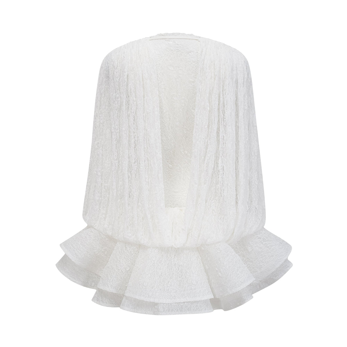 Aurohaya Isoline white semi-sheer lace top & shorts & dress matching set