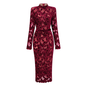 Aurohaya Hafdis Red Floral Embroidered Midi Dress