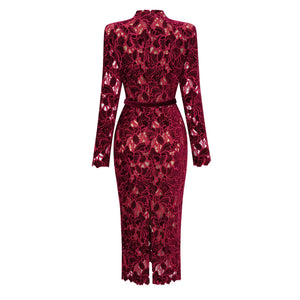 Aurohaya Hafdis Red Floral Embroidered Midi Dress